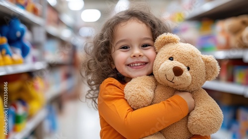 Wallpaper Mural A joyful little girl with curly hair hugs a teddy bear while standing in the colorful aisle of a toy store, radiating happiness and innocence. Torontodigital.ca