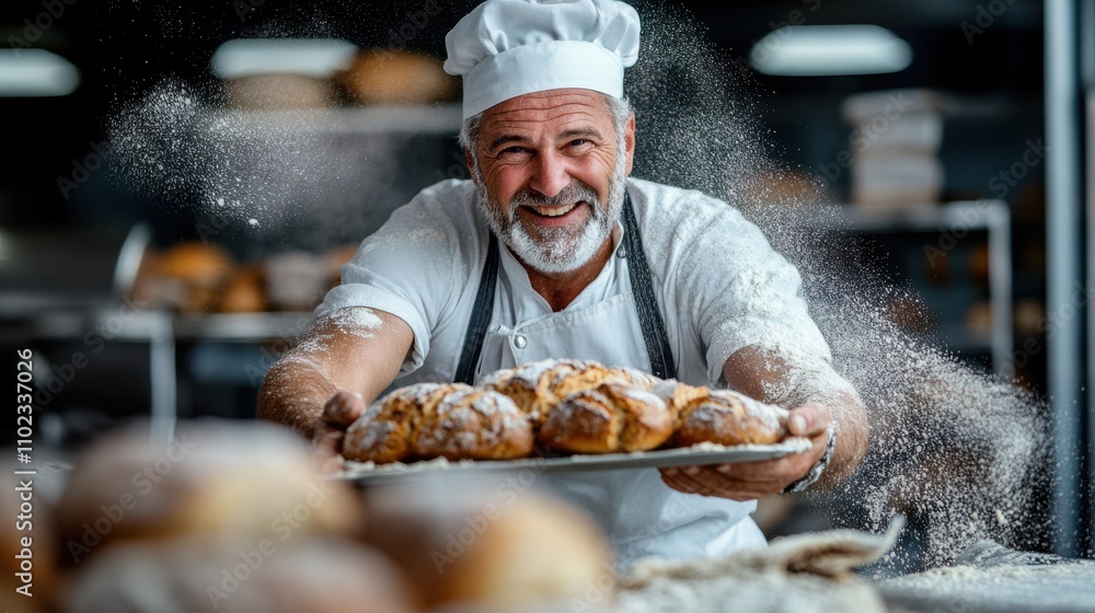 Inside a bustling bakery, a joyful baker, covered in a light dusting of flour, happily showcases a freshly baked, rustic loaf of bread with a golden crust. Inside a bustling bakery, a joyful baker, covered in a light dusting of flour, happily showcases a freshly baked, rustic loaf of bread with a golden crust.
