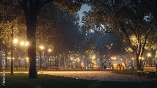 Enchanting Night in the Park: Lush Foliage, Cozy Lighting, and Tranquil Atmosphere