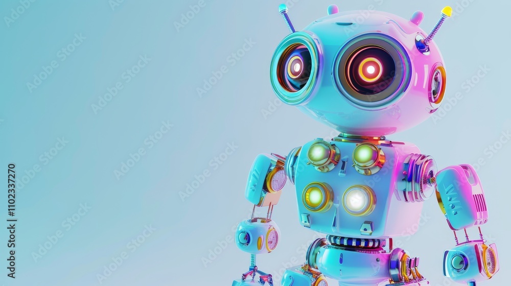 A vibrant 3D-rendered robot character with round glowing eyes and colorful LED panels, set against a bright background. AI generated. A vibrant 3D-rendered robot character with round glowing eyes and colorful LED panels, set against a bright background. AI generated.