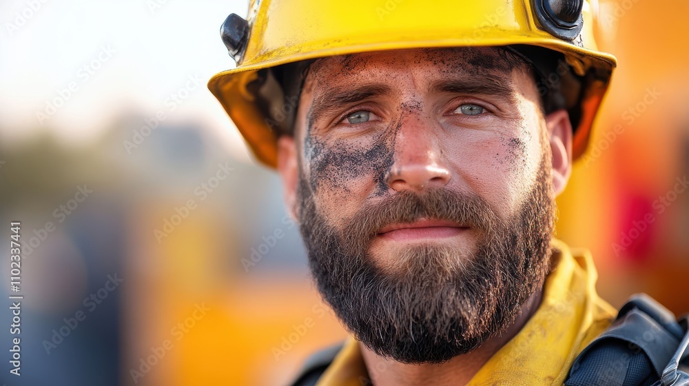 Calm firefighter with a yellow helmet stands by fiery disaster zone, symbolizing unwavering strength and readiness in midst of a burning emergency. Calm firefighter with a yellow helmet stands by fiery disaster zone, symbolizing unwavering strength and readiness in midst of a burning emergency.