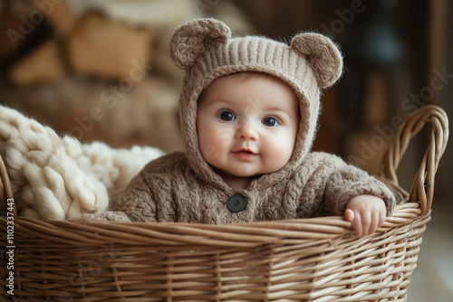 A baby dressed in a tiny bear costume, peeking out of a wicker basket with a curious expression