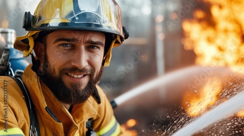 A smiling firefighter in protective clothing faces an intense fire, embodying the determination and heart needed to tackle such dangerous and critical situations.