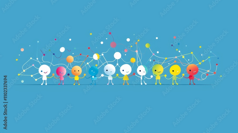 A delightful illustration of small, humanoid characters with interconnected lines, showcasing a playful and vibrant network, emphasizing communication and togetherness. AI generated.