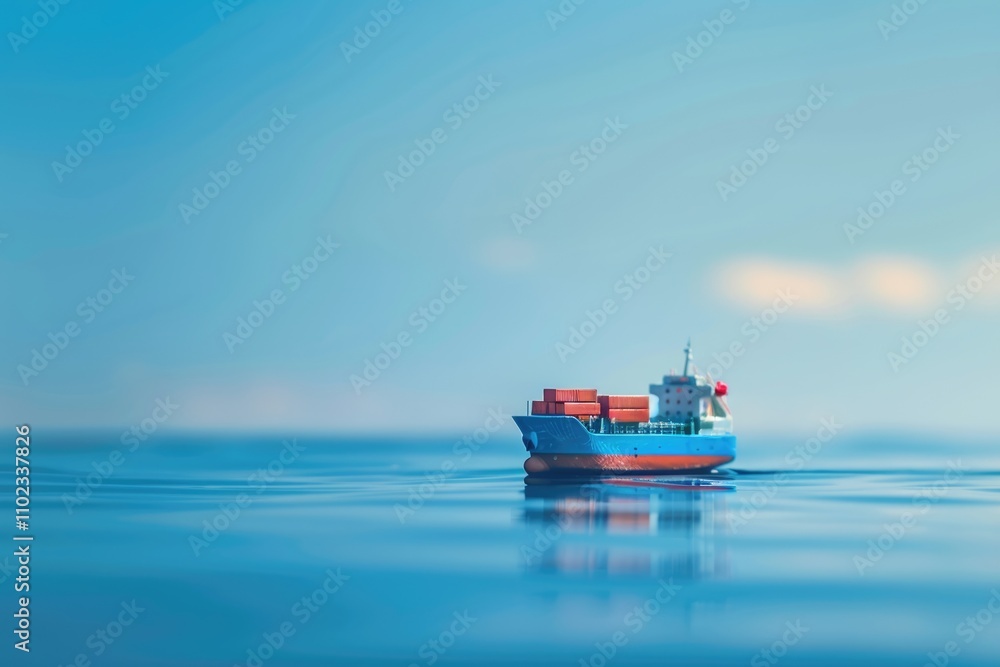 Blue toy cargo ship sailing on calm seas. Ocean freight logistics concept. Blue toy cargo ship sailing on calm seas. Ocean freight logistics concept.