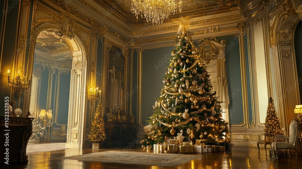 Fototapeta premium Large artificial tree in a grand room, decorated with gold and silver ornaments