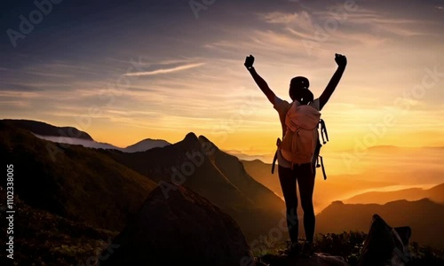Summit Success: A silhouette of a triumphant hiker with arms raised in victory, standing atop a mountain peak as the sun sets, a powerful symbol of perseverance and achievement. 