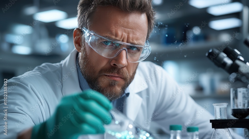 A male researcher wearing safety goggles and gloves conducts a liquid experiment in a laboratory, reflecting scientific innovation and meticulous research. A male researcher wearing safety goggles and gloves conducts a liquid experiment in a laboratory, reflecting scientific innovation and meticulous research.
