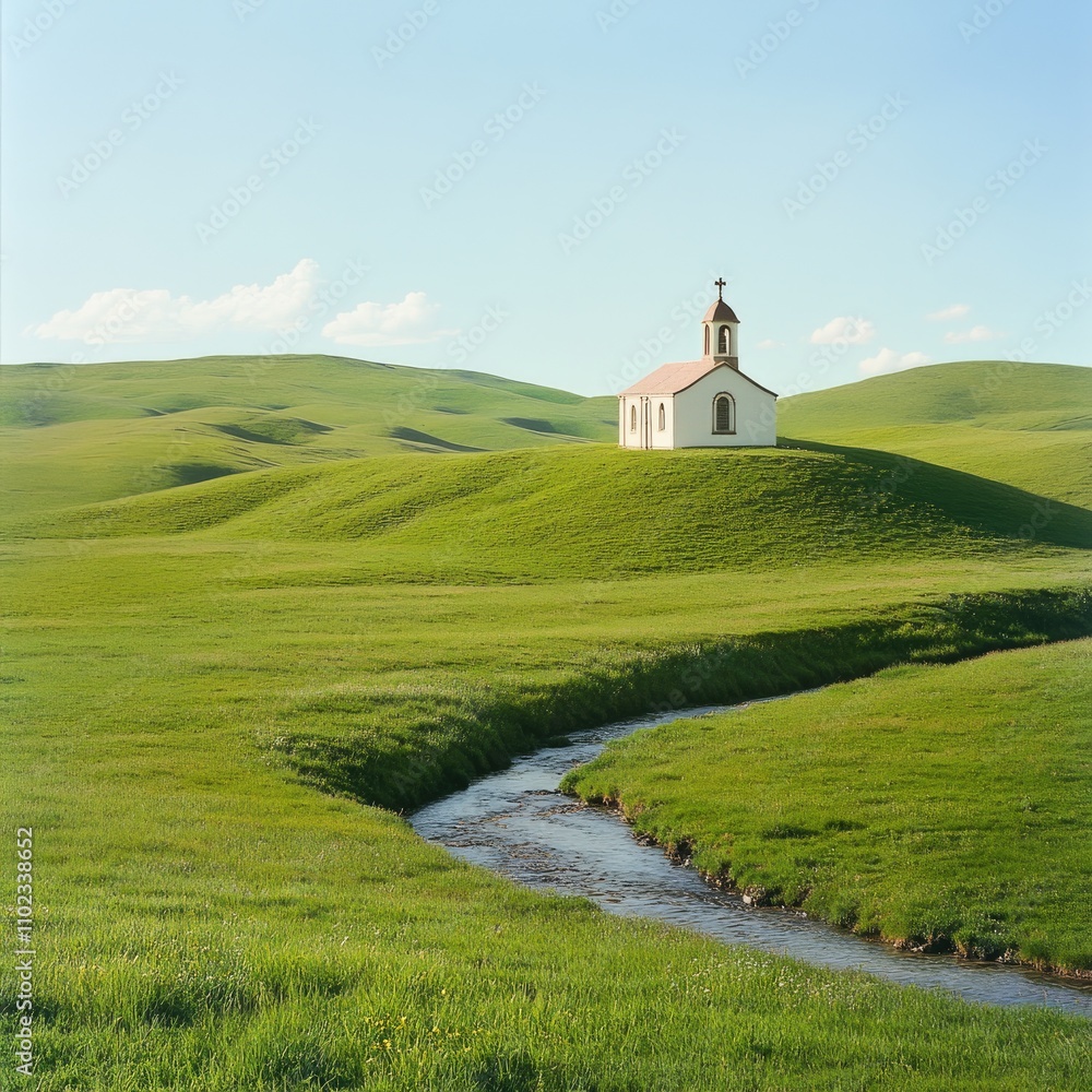Serene Landscape Featuring a Quaint White Chapel Surrounded by Lush Green Hills and a Gentle Stream Under a Clear Blue Sky Serene Landscape Featuring a Quaint White Chapel Surrounded by Lush Green Hills and a Gentle Stream Under a Clear Blue Sky