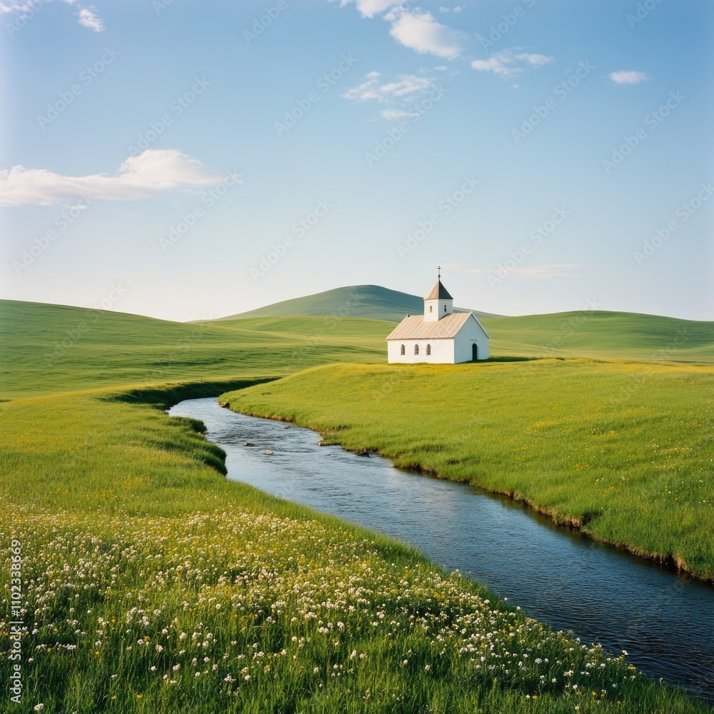 Serene Green Meadow with a Charming White Church Beside a Tranquil Stream Under a Bright Blue Sky and Fluffy White Clouds on a Peaceful Day Serene Green Meadow with a Charming White Church Beside a Tranquil Stream Under a Bright Blue Sky and Fluffy White Clouds on a Peaceful Day
