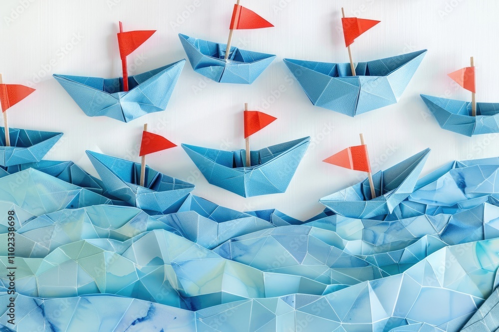 Light blue paper boats with red flags on white background collage Light blue paper boats with red flags on white background collage