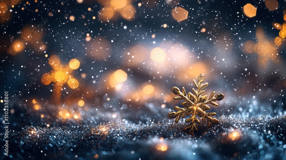 Obraz premium A single golden snowflake sits on a bed of snow with a bokeh of warm lights in the background.