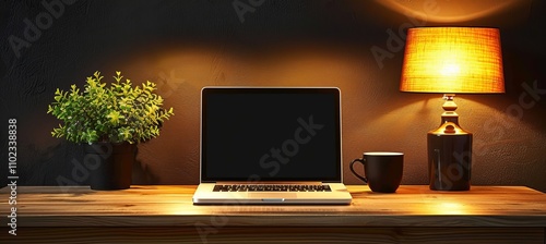 Wallpaper Mural Cozy home office setup featuring wooden desk, laptop, indoor plants, and a warm desk lamp glow Torontodigital.ca