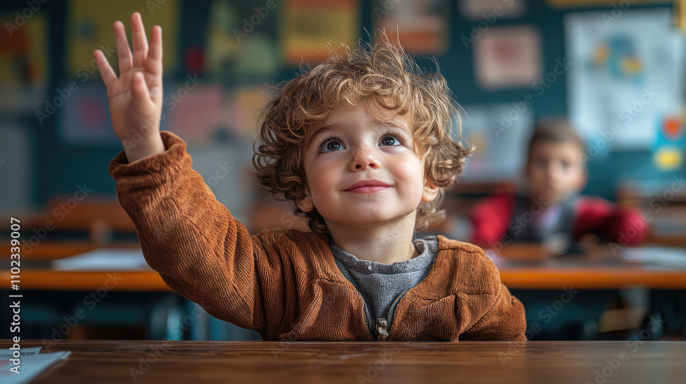 Young Boy Raising Hand in Classroom Young Boy Raising Hand in Classroom