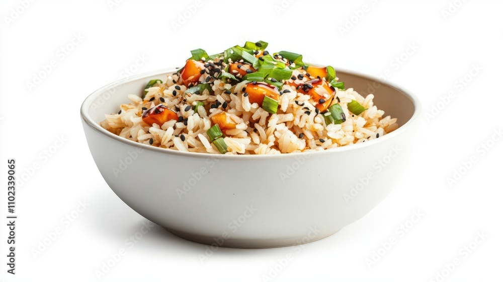 A delicious bowl of rice topped with colorful vegetables and sesame seeds, perfect for healthy meals, meal prep, or a quick snack. A delicious bowl of rice topped with colorful vegetables and sesame seeds, perfect for healthy meals, meal prep, or a quick snack.