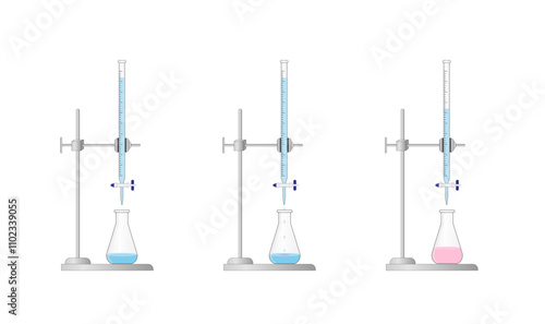 Titration procedure. Titrant in a burette and analyte in a conical flask. End point, indicator color change. Scientific experiment in the laboratory. Scientific vector illustration.