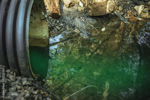 Environmental pollution by wastewater from the enterprise.A sewer pipe with flowing green water.Poisoning in France with chemicals. photo