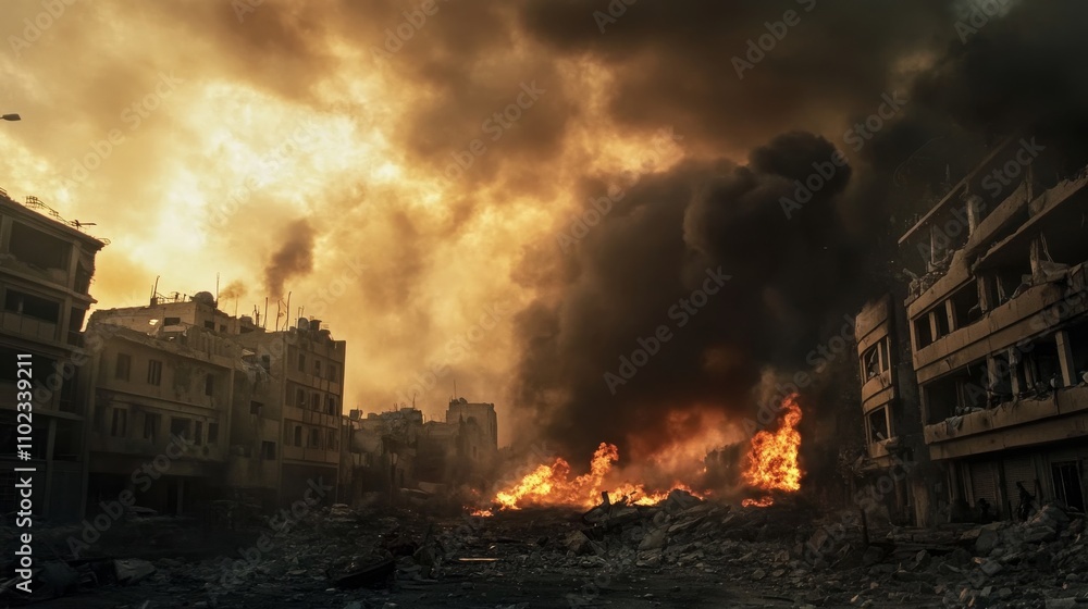 Destruction from an airstrike, with smoke and fire engulfing buildings Destruction from an airstrike, with smoke and fire engulfing buildings
