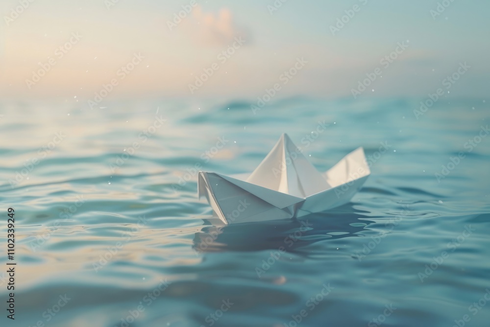 Origami paper boat floating in a sea Origami paper boat floating in a sea
