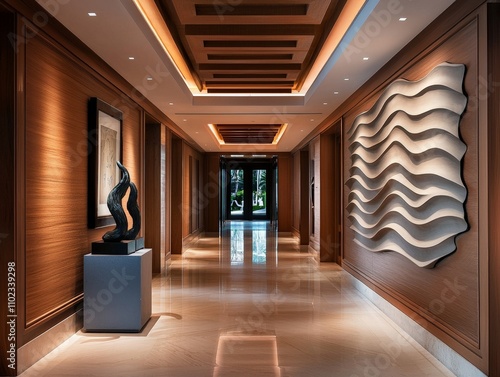 Contemporary Artistic Hallway Featuring Sculptures and Modern Design with Elegant Wood Finishes in a Luxurious Interior Space photo