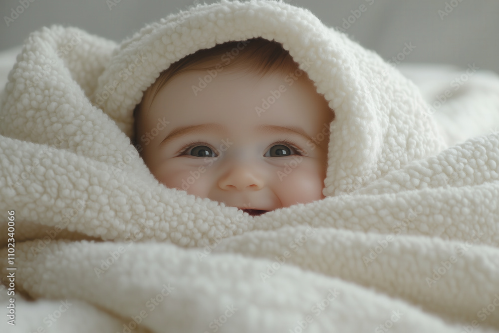 A baby playing peek-a-boo under a soft blanket, only their giggling face peeking out A baby playing peek-a-boo under a soft blanket, only their giggling face peeking out