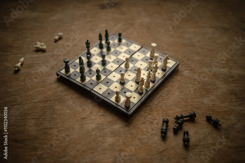 A chessboard on a wooden table.Road chess made of plastic. An intellectual game. photo