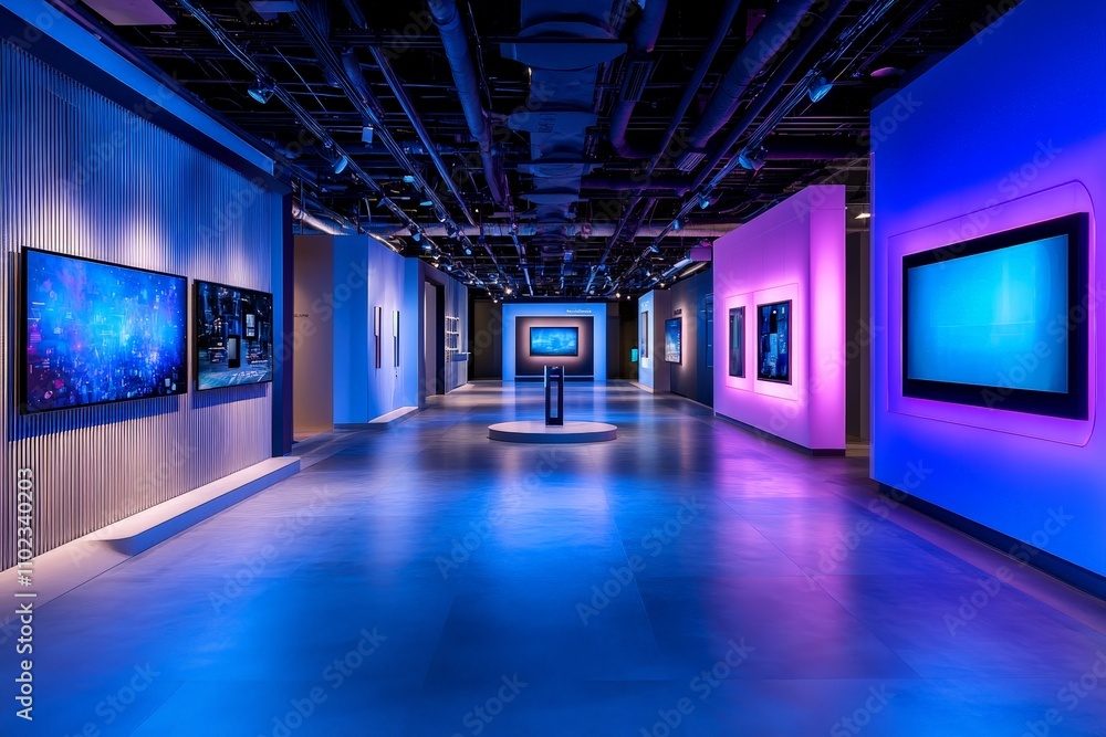 Cutting Edge Technology Showroom Featuring Interactive Displays and Modern Design, Vibrant Lighting, and Innovative Features for an Immersive Experience