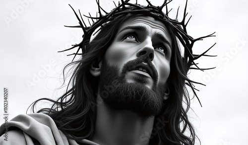 black white crown thorns artwork depicting jesus christ somber solemn visual representation photo