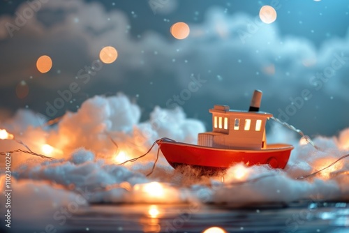 Toy boat adventure on wooden background with cotton clouds.