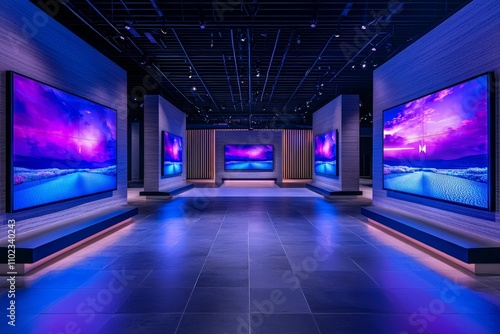 Innovative Technology Showroom Showcasing Cutting-Edge Interactive Displays with Vibrant Visuals in Modern Commercial Environment