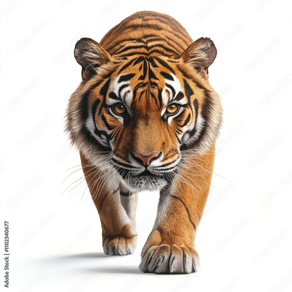 Fototapeta premium Majestic Tiger Approaching with Intense Gaze and Striking Fur Patterns, Capturing the Essence of Wild Strength and Beauty in Nature's Vibrant Palette