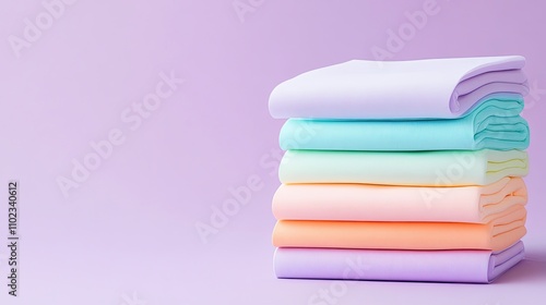 Soft and Colorful Stacked Blankets on a Subtle Purple Background, Perfect for Cozy Interiors and Modern Home Decor Photography