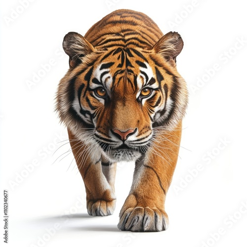 Majestic Tiger Approaching with Intense Gaze and Striking Fur Patterns, Capturing the Essence of Wild Strength and Beauty in Nature's Vibrant Palette