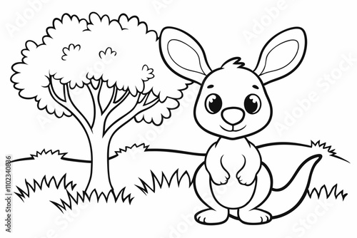 cute Kangaroo, some grass and a tree, coloring book