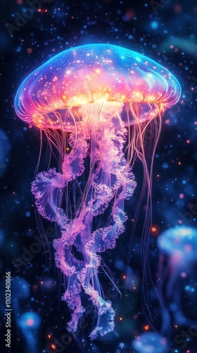 A luminous jellyfish glows vibrantly in dark waters