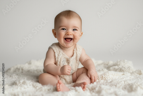 A baby sitting on a white blanket, giggling while holding their toes in delight