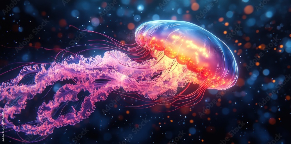 Illuminated Jellyfish Swims Through Dark Ocean Water Illuminated Jellyfish Swims Through Dark Ocean Water