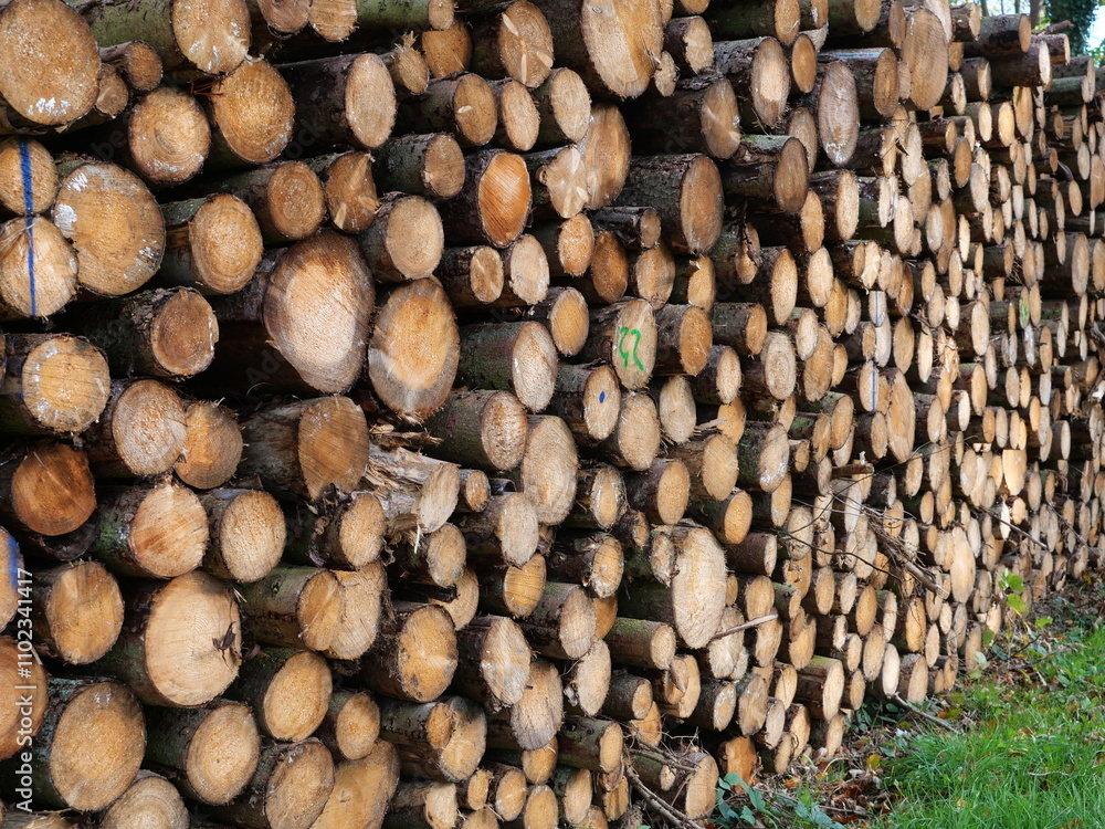 Wood storage in the forest - After felling, the logs are stored at the edges of forest paths for transportation. When freshly cut, they make an attractive photo subject Wood storage in the forest - After felling, the logs are stored at the edges of forest paths for transportation. When freshly cut, they make an attractive photo subject