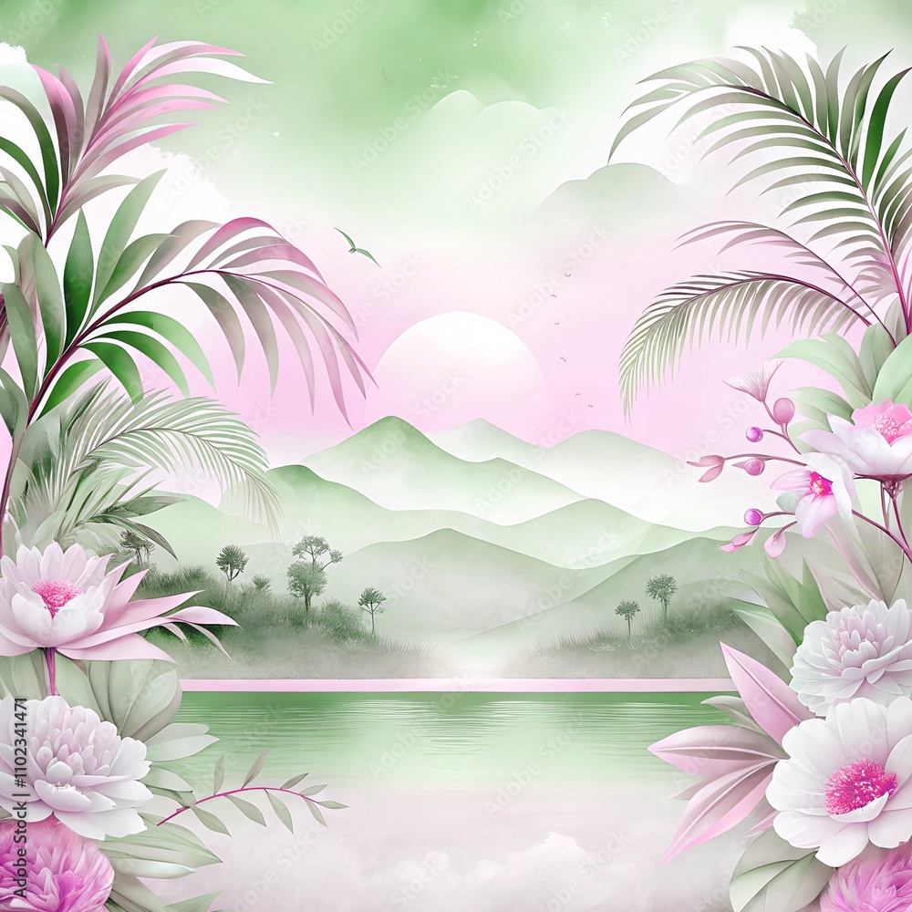 Naklejka premium Serene tropical landscape with pastel colors and misty mountains at sunrise