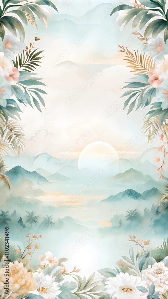 Serene tropical landscape with lush greenery and soft pastels at sunrise Serene tropical landscape with lush greenery and soft pastels at sunrise