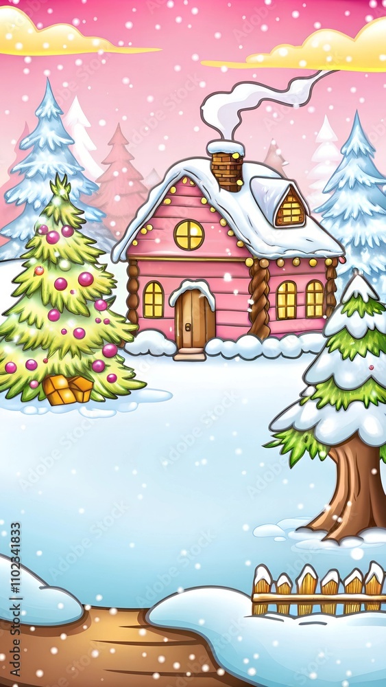 Whimsical winter wonderland with snowy cabin and decorated pine tree Whimsical winter wonderland with snowy cabin and decorated pine tree