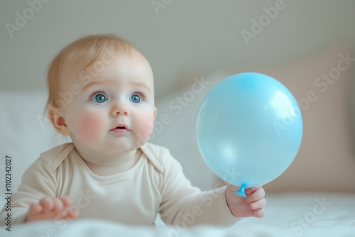 A baby trying to grab a balloon that's slightly out of reach, with a look of intense focus photo