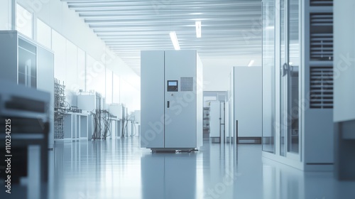 Cutting-edge hydrogen fuel cell generator prototype in a modern industrial lab: Emphasizing innovation and engineering details under clean white light. Ground-level perspective.