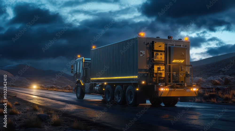 Hyper-detailed mobile generator on industrial trailer at dawn: Soft amber lighting, rural highway backdrop, showcasing technical logistics, safety gear, and branding elements. Hyper-detailed mobile generator on industrial trailer at dawn: Soft amber lighting, rural highway backdrop, showcasing technical logistics, safety gear, and branding elements.
