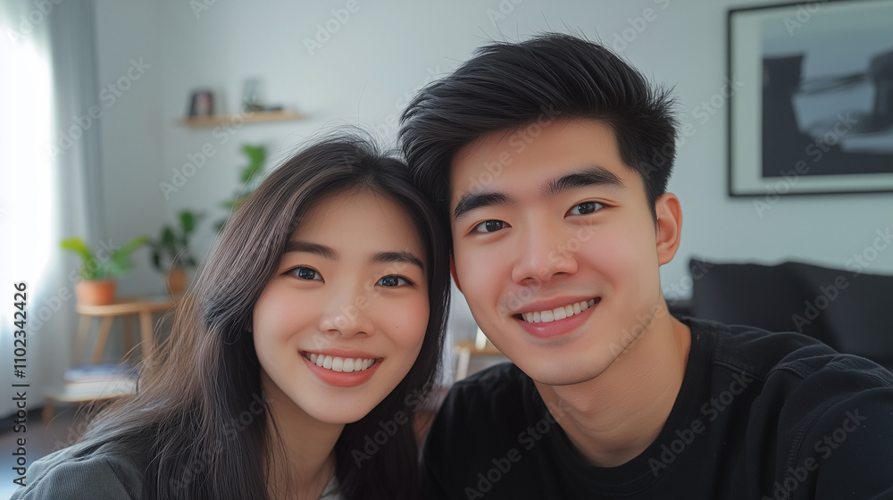 Young Asian Couple in Cozy Interior with Rustic Design Young Asian Couple in Cozy Interior with Rustic Design