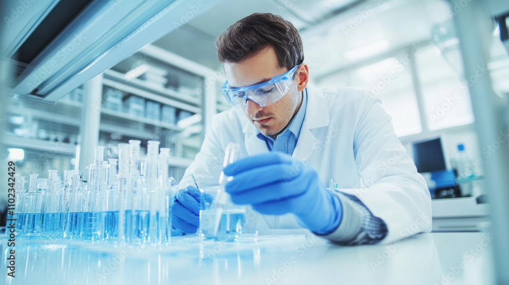 Scientist carefully mixing chemicals in laboratory setting for research Scientist carefully mixing chemicals in laboratory setting for research