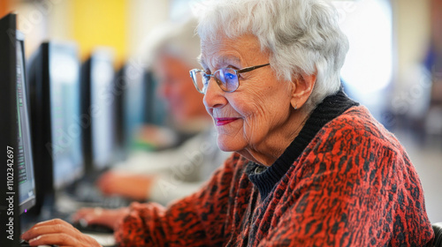 Elderly woman using computer in library or classroom setting photo