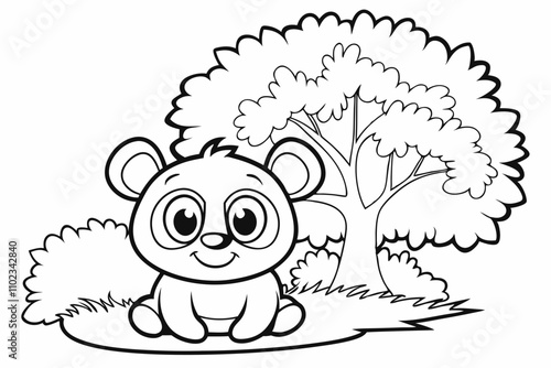 cute Panda, some grass and a tree, coloring book 