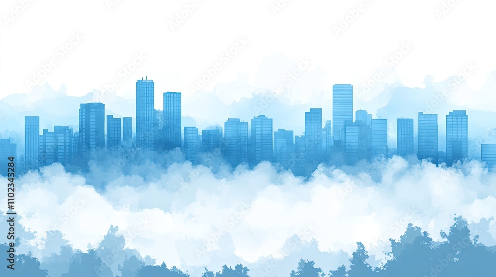 City skyline above the clouds, illustrated in shades of blue. City skyline above the clouds, illustrated in shades of blue.