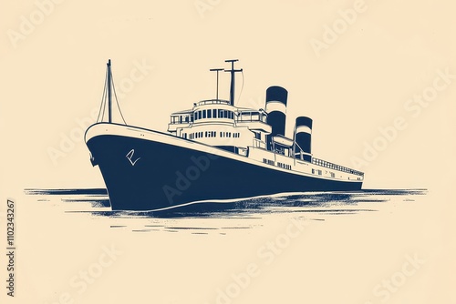 Vintage ship sailing on calm waters with art deco design elements depicted in a serene environment